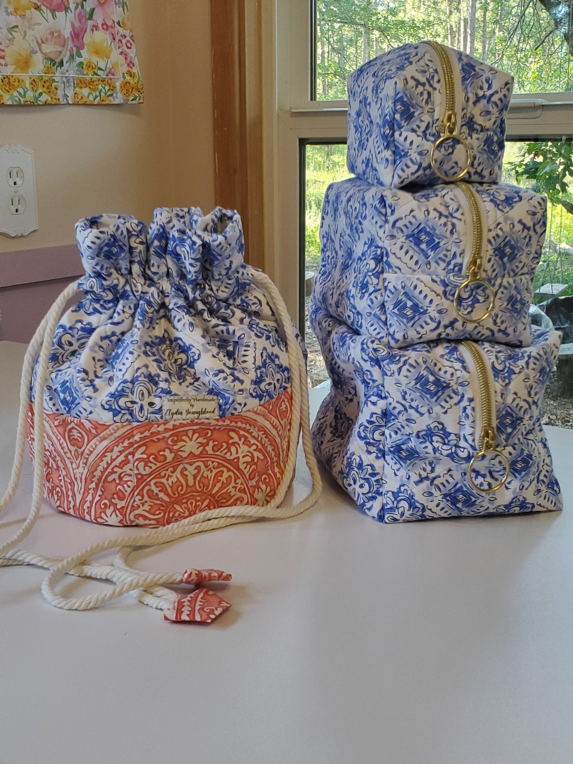 Blue & Coral Drawstring Bucket Bag By